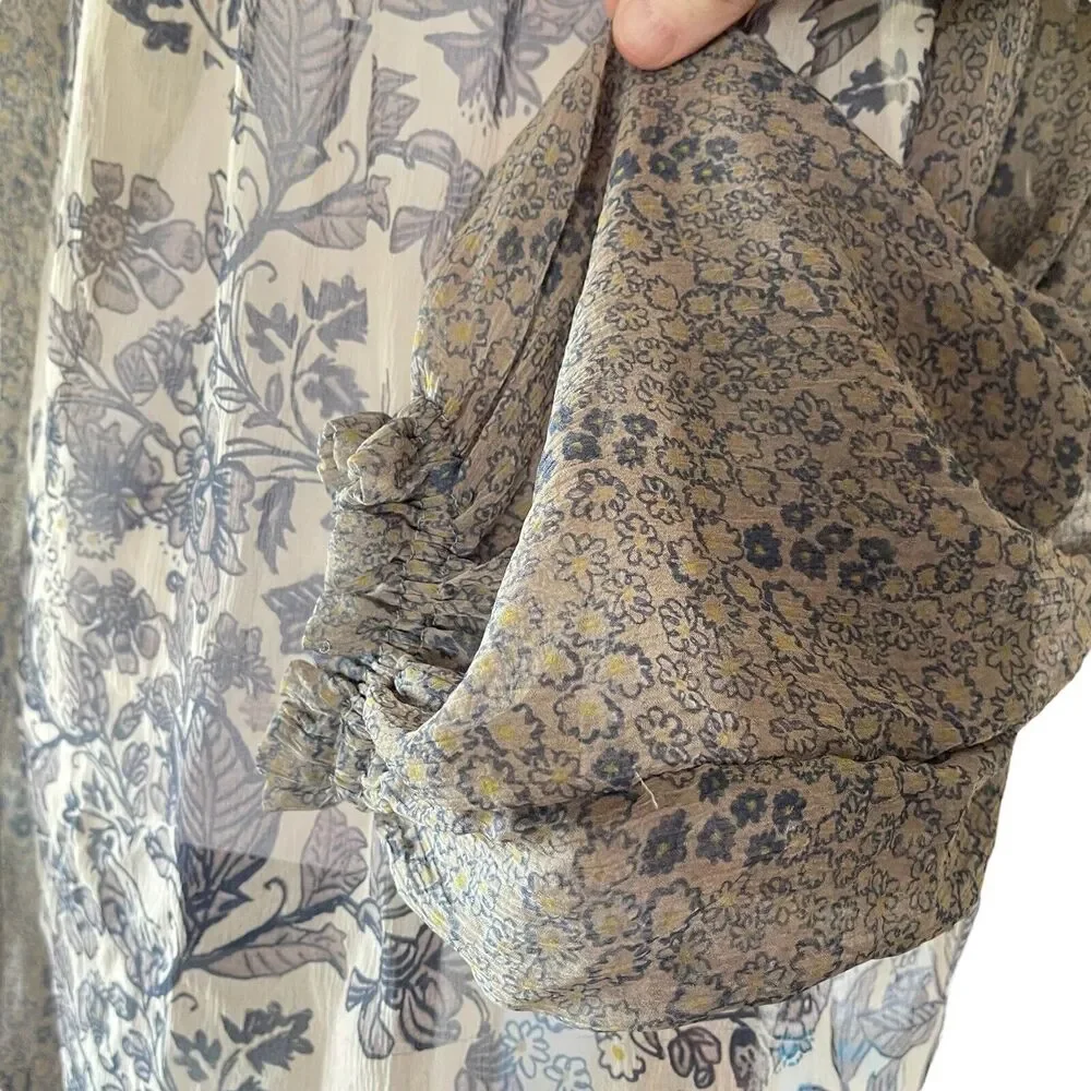 Free People Hendrix Blouse Peasant SemiSheer Boho Festival SIZE XS Floral Tassel
